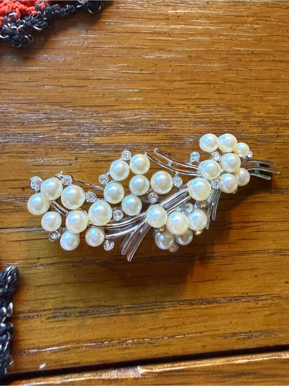 Vintage Faux Pearl Rhinestone Floral Spray Brooch Silver Tone 3”